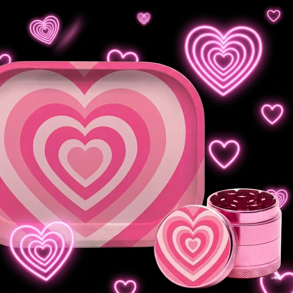 Trippy Pink Heart Rolling Tray and Herb Grinder set by Cloud9LLC